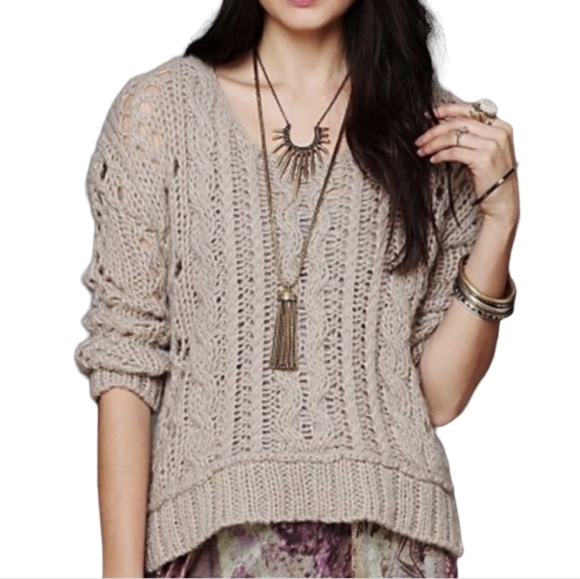Free People Sweaters - Free People Wool Mohair Blend Beige Open Cable Knit Oversize Sweater Size Medium